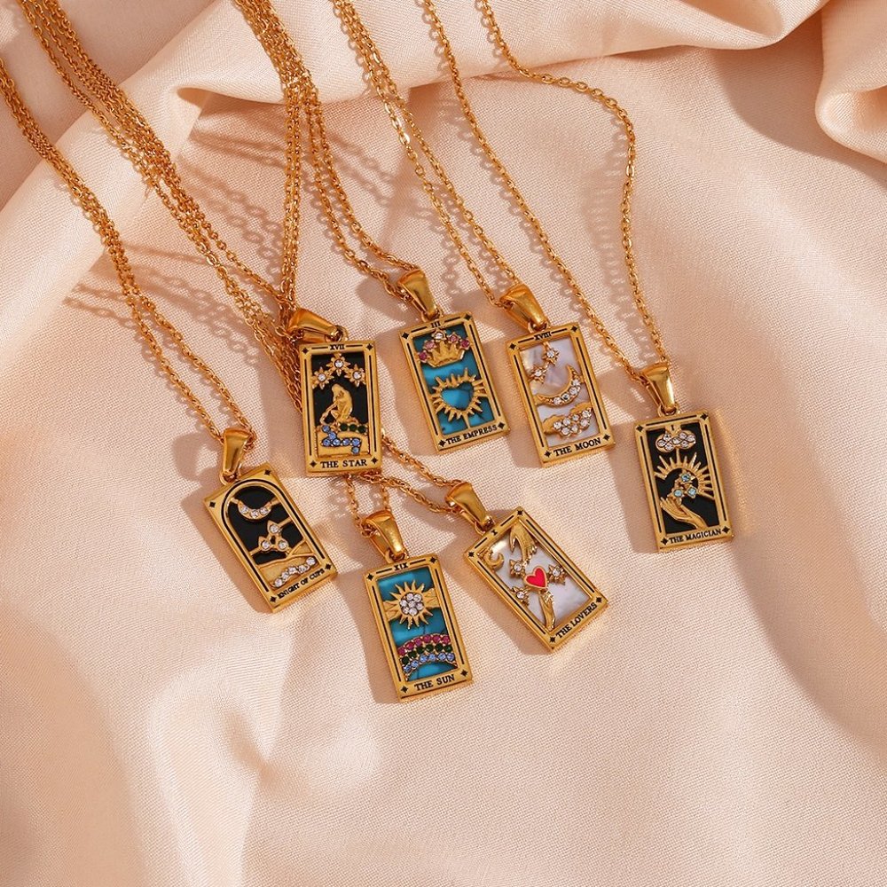 Star Tarot Card Pendant Necklace PVD 18K Gold Enamel Rectangle Stainless Steel - Picture 6 of 8